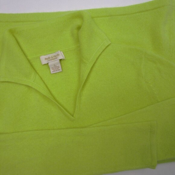 Chartreuse CASHMERE Pullover Sweater V Neck Polo Cuddly Knit Luxury - Picture 11 of 14